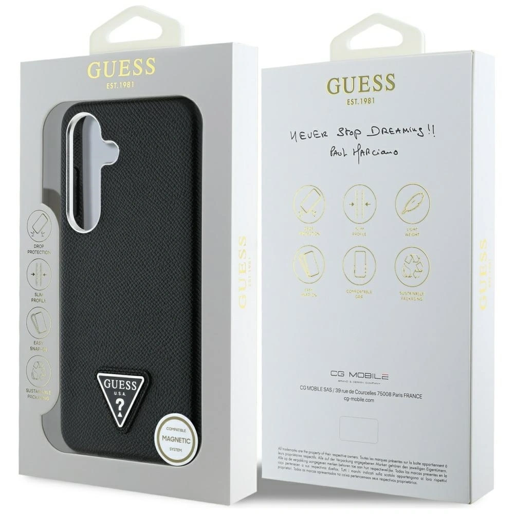 Etui Guess Grained Triangle Logo MagSafe pro Samsung Galaxy S25 černé