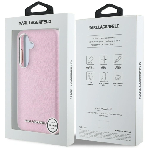Etui Karl Lagerfeld Saffiano Full Wrapped Elongated Metal Logo MagSafe do Samsung Galaxy S25+ Plus różowy