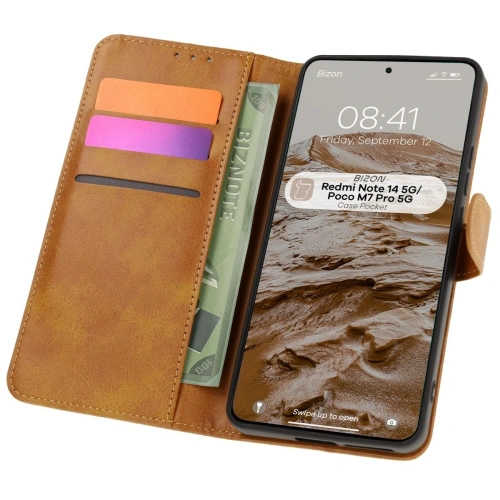 Etui z klapką Bizon Case Pocket do Xiaomi Redmi Note 14 5G / Poco M7 Pro 5G brązowe
