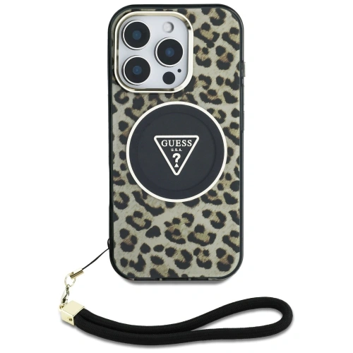 Etui Guess HC IML Leopard Triangle Cord Strap do Apple iPhone 16 Pro MagSafe brązowy