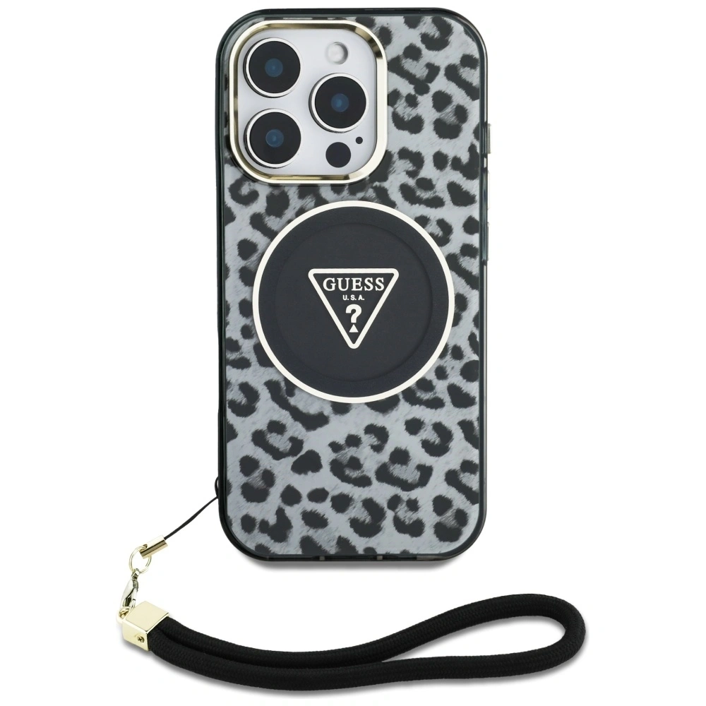 Wholesale Guess HC IML Leopard Triangle Cord Strap Apple iPhone 16 Pro MagSafe black - GUE4361 - {ean13} - Hurt