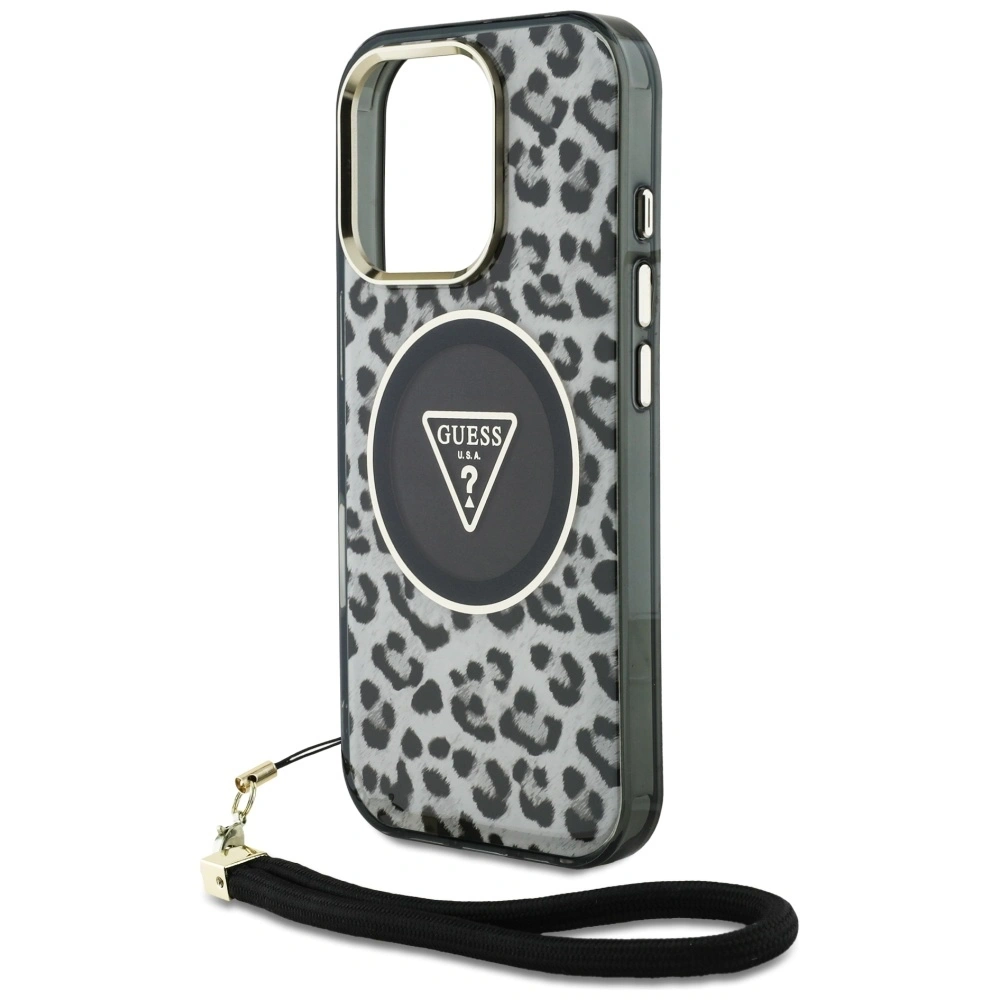 Wholesale Guess HC IML Leopard Triangle Cord Strap Apple iPhone 16 Pro MagSafe black - GUE4361 - {ean13} - Hurt
