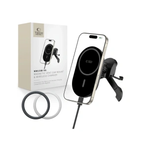 Hurtownia GSM - Upevnění do auta na mřížku s nabíječkou 15W + 2x magnetické destičky Tech-Protect MM15W-V6 Magnetic MagSafe Stabilní ventilační držák do auta bezdrátová nabíječka 15W černá - THP3909 - {ean13} - Hurt