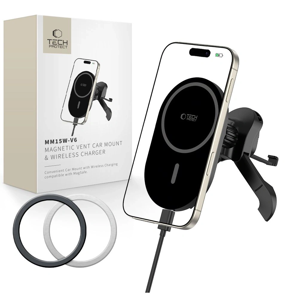 Hurtownia GSM - Upevnění do auta na mřížku s nabíječkou 15W + 2x magnetické destičky Tech-Protect MM15W-V6 Magnetic MagSafe Stabilní ventilační držák do auta bezdrátová nabíječka 15W černá - THP3909 - {ean13} - Hurt