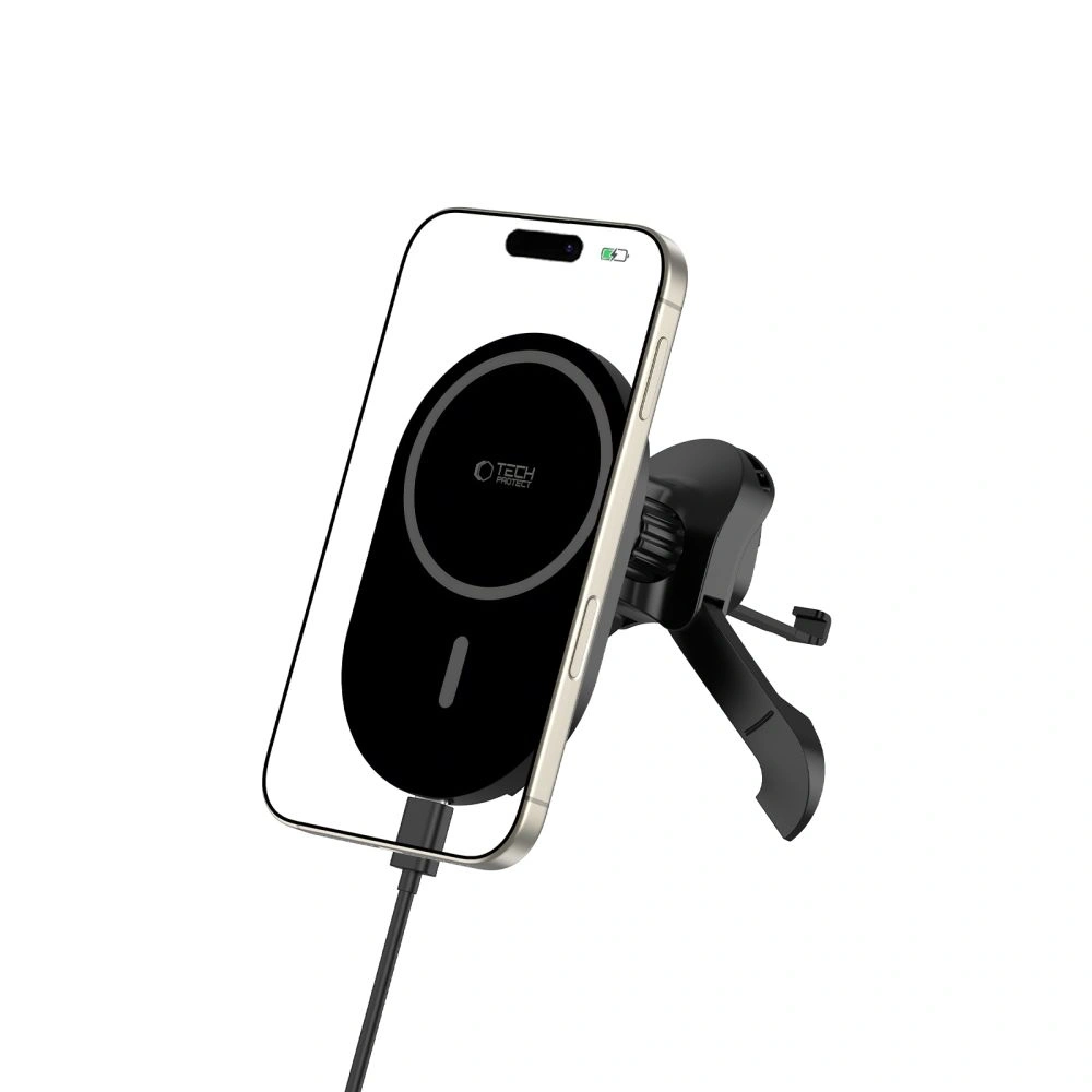 Hurtownia GSM - Upevnění do auta na mřížku s nabíječkou 15W + 2x magnetické destičky Tech-Protect MM15W-V6 Magnetic MagSafe Stabilní ventilační držák do auta bezdrátová nabíječka 15W černá - THP3909 - {ean13} - Hurt