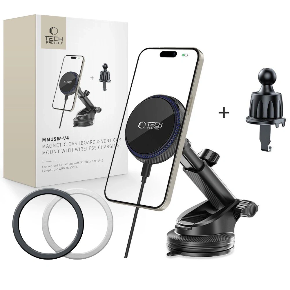 Hurtownia GSM - Upevnění do auta na kokpit / sklo / do mřížky s nabíječkou 15W + 2x magnetické destičky Tech-Protect MM15W-V4 Magnetic MagSafe Upevnění do auta na palubní desku a ventilaci bezdrátová nabíječka 15W černá - THP3910 - {ean13} - Hurt