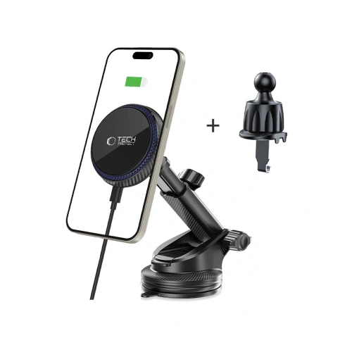 Uchwyt samochodowy na kokpit / szybę / do kratki z ładowarką 15W + 2x blaszki magnetyczne Tech-Protect MM15W-V4 Magnetic MagSafe Dashboard & Vent Car Mount Wireless Charger 15W Black