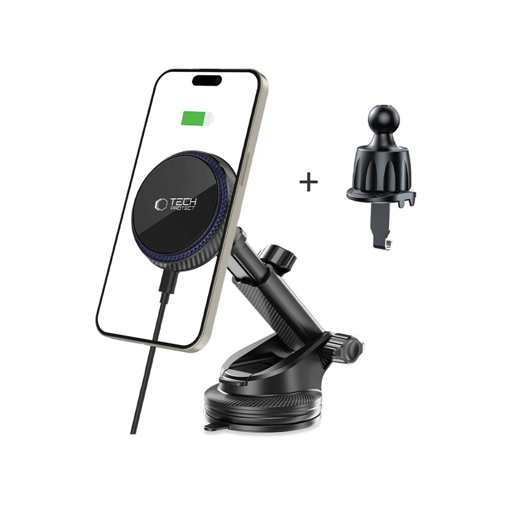 Hurtownia GSM - Upevnění do auta na kokpit / sklo / do mřížky s nabíječkou 15W + 2x magnetické destičky Tech-Protect MM15W-V4 Magnetic MagSafe Upevnění do auta na palubní desku a ventilaci bezdrátová nabíječka 15W černá - THP3910 - {ean13} - Hurt