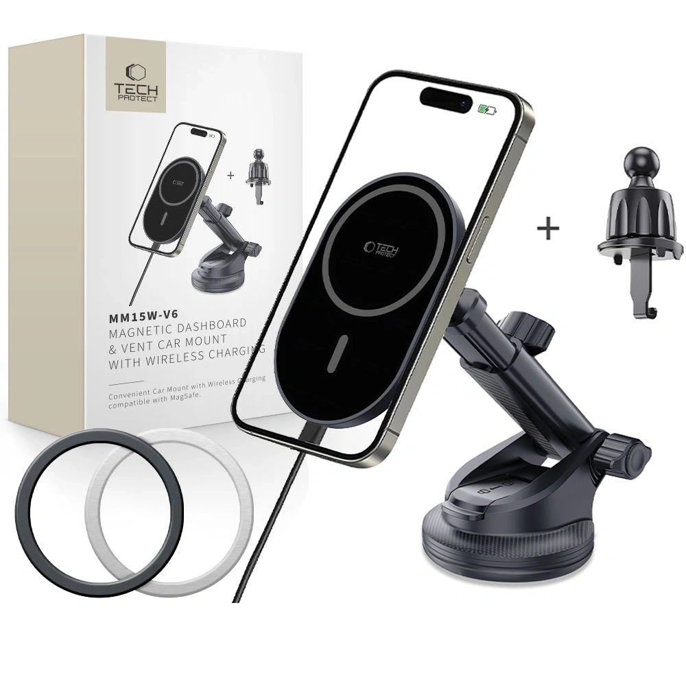 Hurtownia GSM - Uchwyt samochodowy na kokpit / szybę / do kratki z ładowarką 15W + 2x blaszki magnetyczne Tech-Protect MM15W-V6 Magnetic MagSafe Dashboard & Vent Car Mount Wireless Charger 15W Black - THP3911 - {ean13} - Hurt