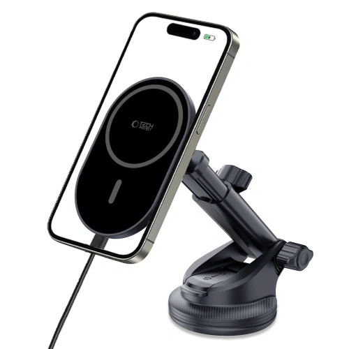 Uchwyt samochodowy na kokpit / szybę / do kratki z ładowarką 15W + 2x blaszki magnetyczne Tech-Protect MM15W-V6 Magnetic MagSafe Dashboard & Vent Car Mount Wireless Charger 15W Black