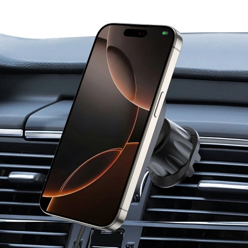 Uchwyt samochodowy na kokpit / szybę / do kratki z ładowarką 15W + 2x blaszki magnetyczne Tech-Protect MM15W-V6 Magnetic MagSafe Dashboard & Vent Car Mount Wireless Charger 15W Black