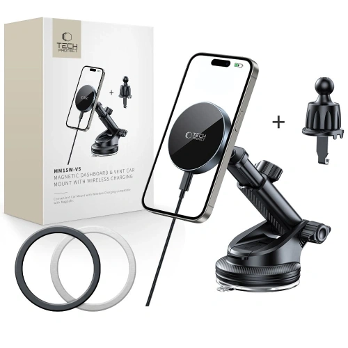 Uchwyt samochodowy na kokpit / szybę / do kratki z ładowarką 15W + 2x blaszki magnetyczne Tech-Protect MM15W-V5 Magnetic MagSafe Dashboard & Vent Car Mount Wireless Charger 15W Black