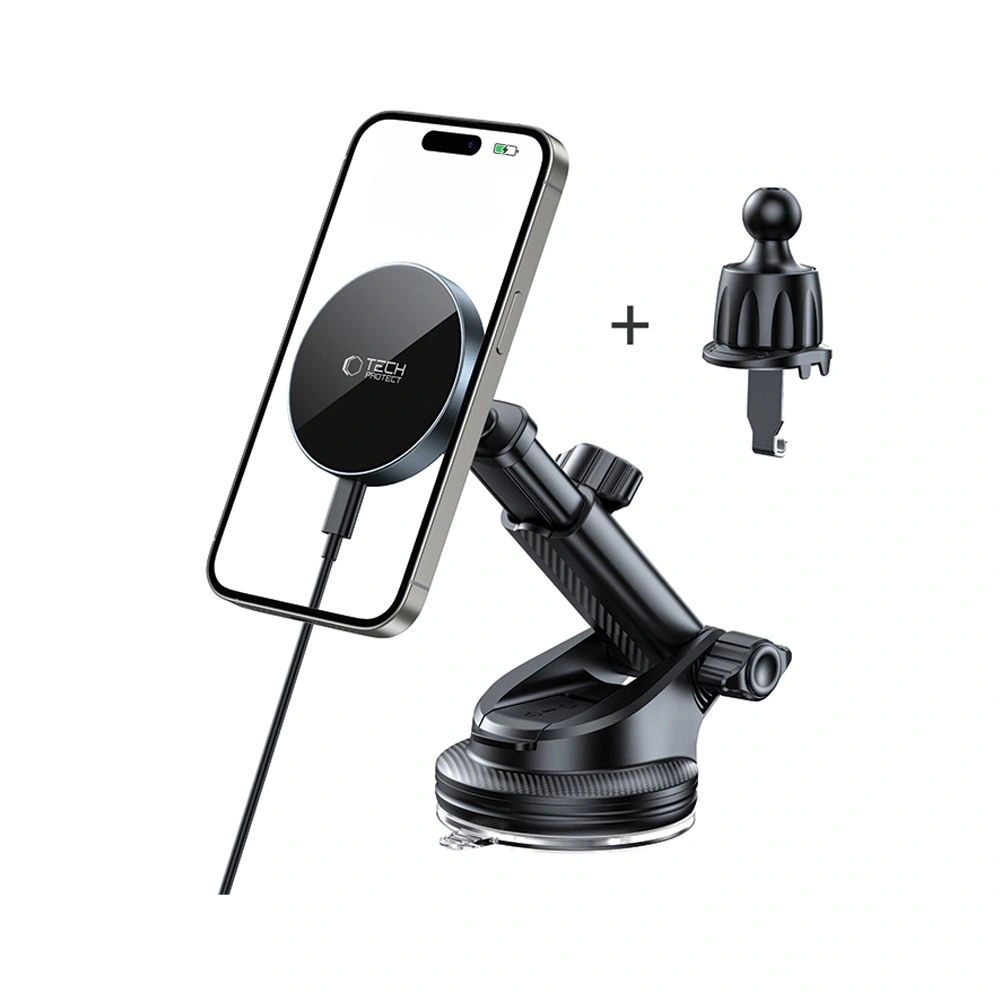Hurtownia GSM - Uchwyt samochodowy na kokpit / szybę / do kratki z ładowarką 15W + 2x blaszki magnetyczne Tech-Protect MM15W-V5 Magnetic MagSafe Dashboard & Vent Car Mount Wireless Charger 15W Black - THP3912 - {ean13} - Hurt