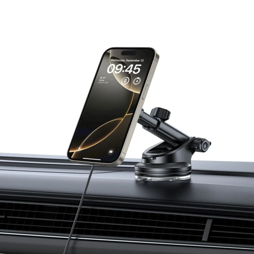 Uchwyt samochodowy na kokpit / szybę / do kratki z ładowarką 15W + 2x blaszki magnetyczne Tech-Protect MM15W-V5 Magnetic MagSafe Dashboard & Vent Car Mount Wireless Charger 15W Black