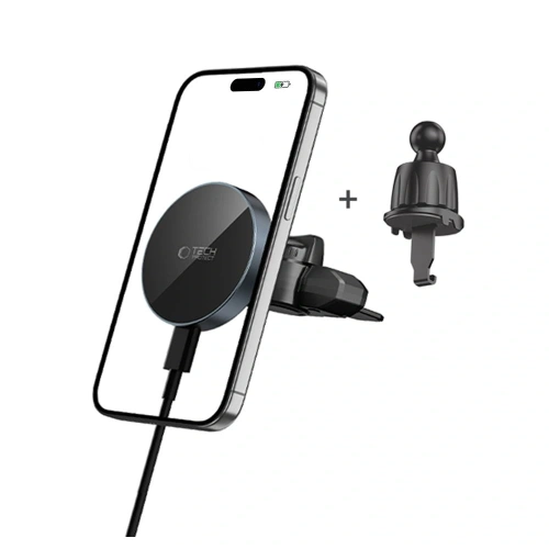 Uchwyt samochodowy do kratki / do gniazda CD z ładowarką 15W + 2x blaszki magnetyczne Tech-Protect MM15W-V5 Magnetic MagSafe CD & Vent Car Mount Wireless Charger 15W Black