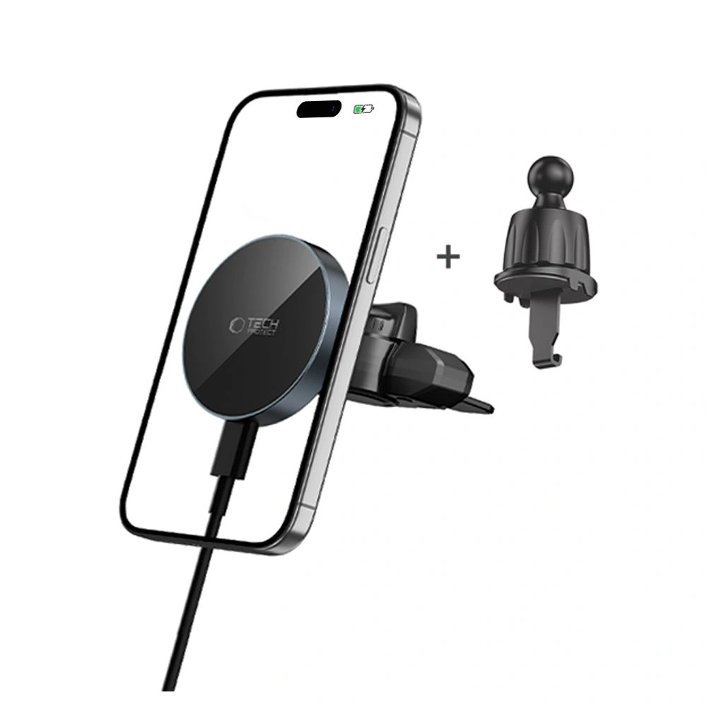 Hurtownia GSM - Uchwyt samochodowy do kratki / do gniazda CD z ładowarką 15W + 2x blaszki magnetyczne Tech-Protect MM15W-V5 Magnetic MagSafe CD & Vent Car Mount Wireless Charger 15W Black - THP3913 - {ean13} - Hurt