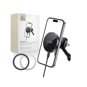 Hurtownia GSM - Upevnění do auta na mřížku s nabíječkou 15W + 2x magnetické destičky Tech-Protect MM15W-V5 Magnetic MagSafe Stabilní ventilační držák do auta bezdrátová nabíječka 15W Černá - THP3914 - {ean13} - Hurt
