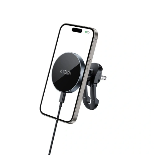 Uchwyt samochodowy do kratki z ładowarką 15W + 2x blaszki magnetyczne Tech-Protect MM15W-V5 Magnetic MagSafe Stable Vent Car Mount Wireless Charger 15W Black