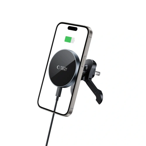 Uchwyt samochodowy do kratki z ładowarką 15W + 2x blaszki magnetyczne Tech-Protect MM15W-V5 Magnetic MagSafe Stable Vent Car Mount Wireless Charger 15W Black