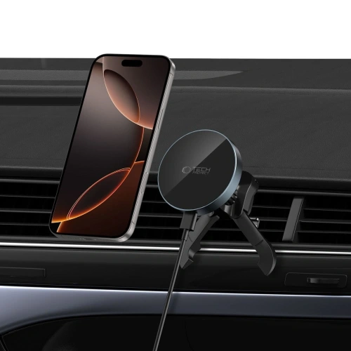 Uchwyt samochodowy do kratki z ładowarką 15W + 2x blaszki magnetyczne Tech-Protect MM15W-V5 Magnetic MagSafe Stable Vent Car Mount Wireless Charger 15W Black