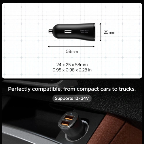 Ładowarka samochodowa Spigen Essential EV302 2-port USB-A Car Charger 30W Black