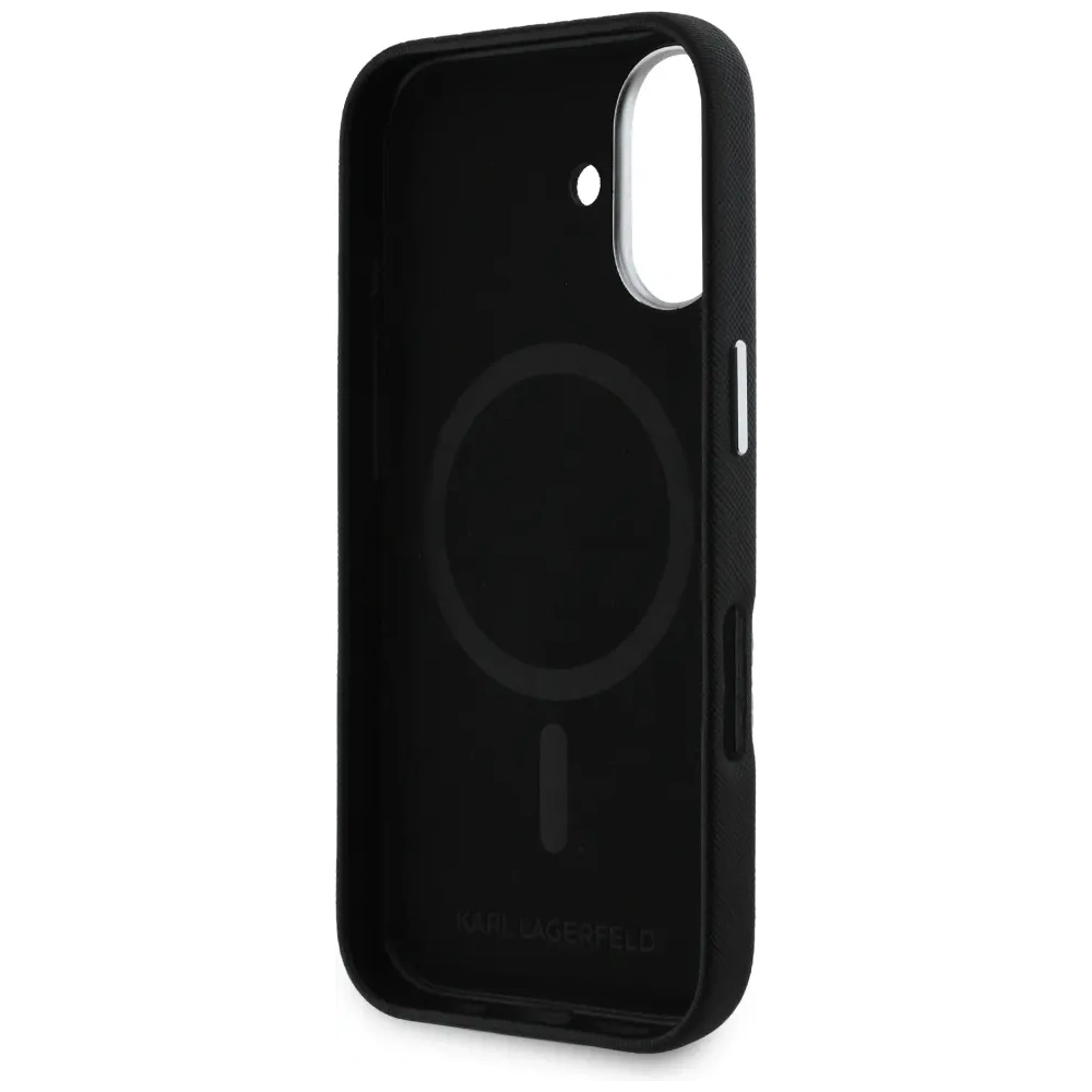 Hurtownia GSM - Karl Lagerfeld Saffiano teljesen burkolt hosszúkás fém logó MagSafe Apple iPhone 16 fekete - KLD21938 - {ean13} - Hurt