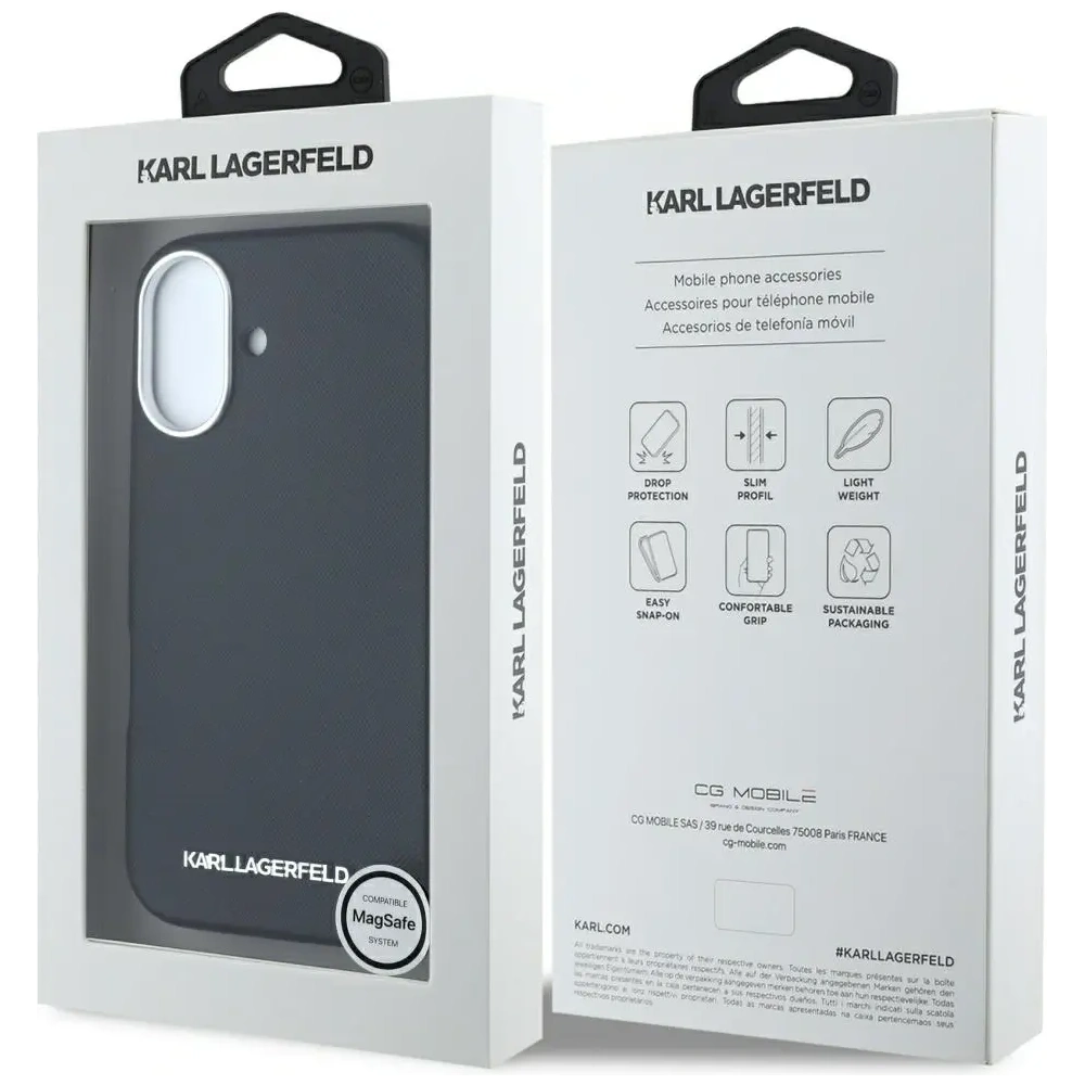 Hurtownia GSM - Etui Karl Lagerfeld Saffiano Full Wrapped Elongated Metal Logo MagSafe pro Apple iPhone 16 černé - KLD21938 - {ean13} - Hurt