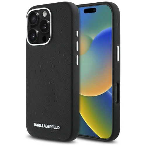 Etui Karl Lagerfeld Saffiano Full Wrapped Elongated Metal Logo MagSafe do Apple iPhone 16 Pro czarny