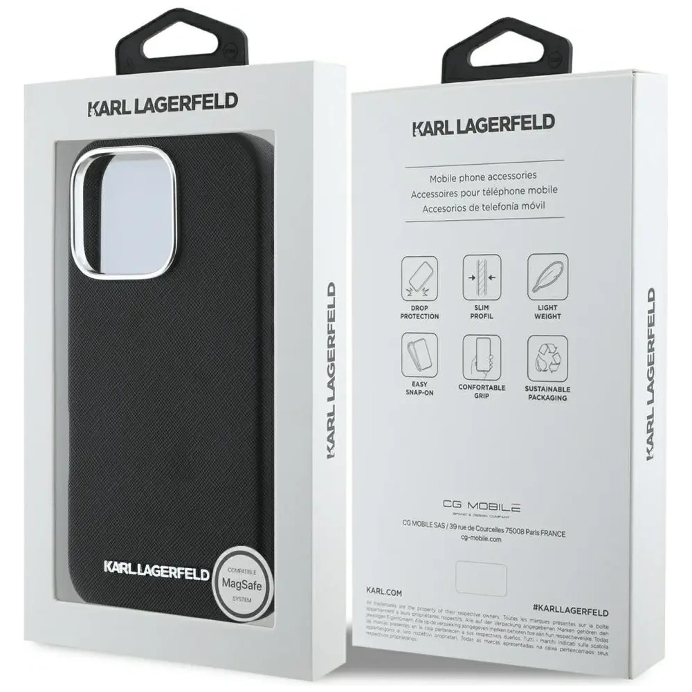 Hurtownia GSM - Etui Karl Lagerfeld Saffiano Full Wrapped Elongated Metal Logo MagSafe do Apple iPhone 16 Pro černé - KLD21939 - {ean13} - Hurt