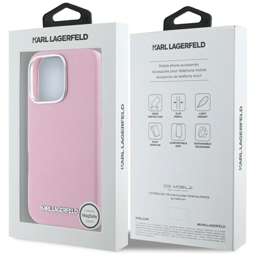 Etui Karl Lagerfeld Saffiano Full Wrapped Elongated Metal Logo MagSafe do Apple iPhone 16 Pro różowy