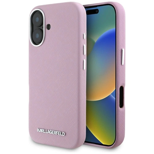 Etui Karl Lagerfeld Saffiano Full Wrapped Elongated Metal Logo MagSafe do Apple iPhone 16 różowy