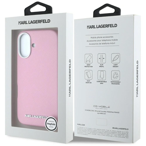 Etui Karl Lagerfeld Saffiano Full Wrapped Elongated Metal Logo MagSafe do Apple iPhone 16 różowy