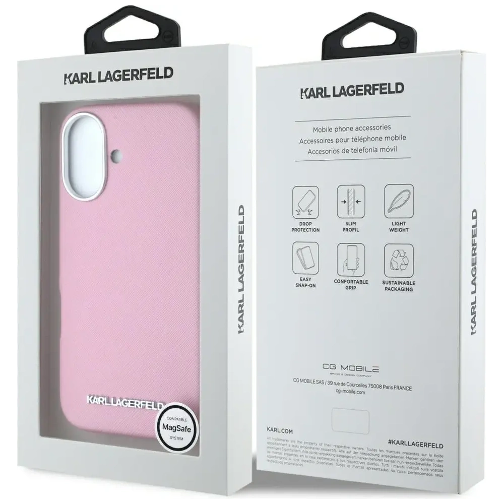 Hurtownia GSM - Etui Karl Lagerfeld Saffiano Full Wrapped Elongated Metal Logo MagSafe pro Apple iPhone 16 růžová - KLD21943 - {ean13} - Hurt