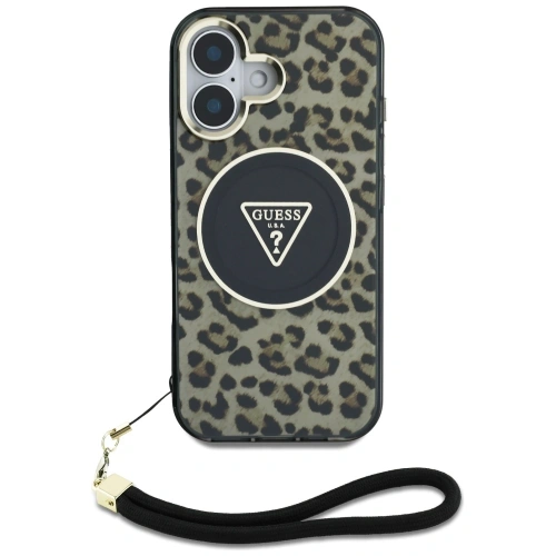 Etui Guess HC IML Leopard Triangle Cord Strap do Apple iPhone 16 MagSafe brązowy