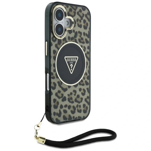 Etui Guess HC IML Leopard Triangle Cord Strap do Apple iPhone 16 MagSafe brązowy