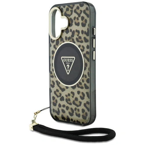 Etui Guess HC IML Leopard Triangle Cord Strap do Apple iPhone 16 MagSafe brązowy