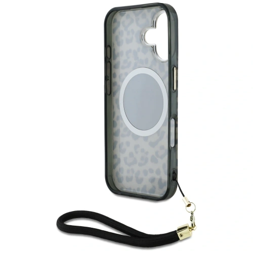 Etui Guess HC IML Leopard Triangle Cord Strap do Apple iPhone 16 MagSafe brązowy