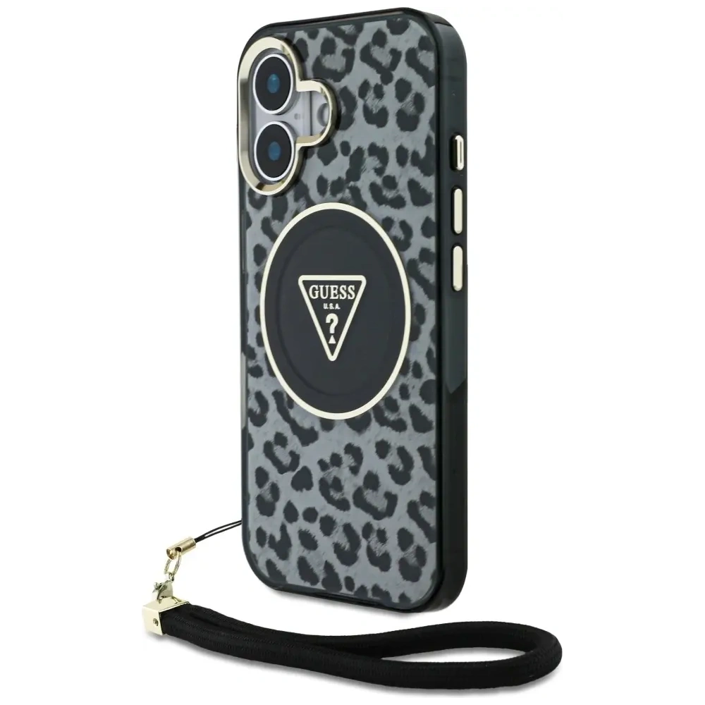 Wholesale Guess HC IML Leopard Triangle Cord Strap Apple iPhone 16 MagSafe black - GUE4380 - {ean13} - Hurt