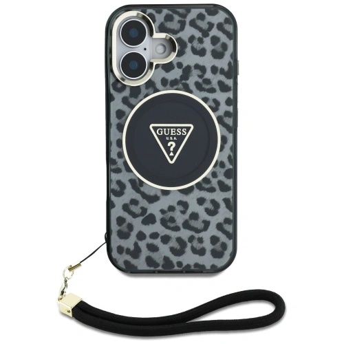 Etui Guess HC IML Leopard Triangle Cord Strap do Apple iPhone 16 MagSafe czarny