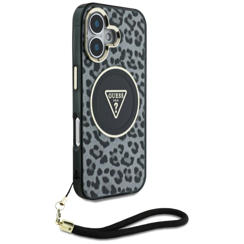 Etui Guess HC IML Leopard Triangle Cord Strap do Apple iPhone 16 MagSafe czarny