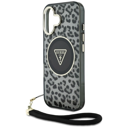 Etui Guess HC IML Leopard Triangle Cord Strap do Apple iPhone 16 MagSafe czarny
