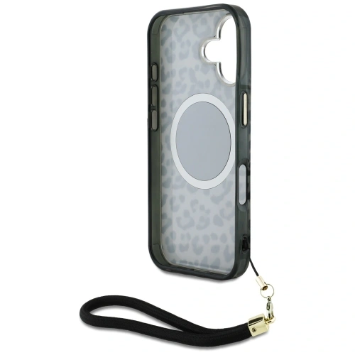 Etui Guess HC IML Leopard Triangle Cord Strap do Apple iPhone 16 MagSafe czarny