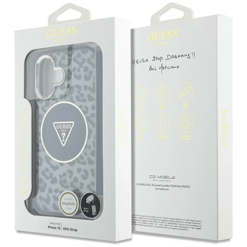 Etui Guess HC IML Leopard Triangle Cord Strap do Apple iPhone 16 MagSafe czarny