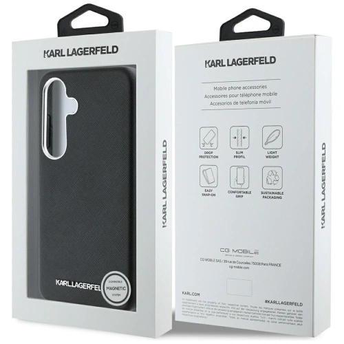 Etui Karl Lagerfeld Saffiano Full Wrapped Elongated Metal Logo MagSafe do Samsung Galaxy S25 czarny