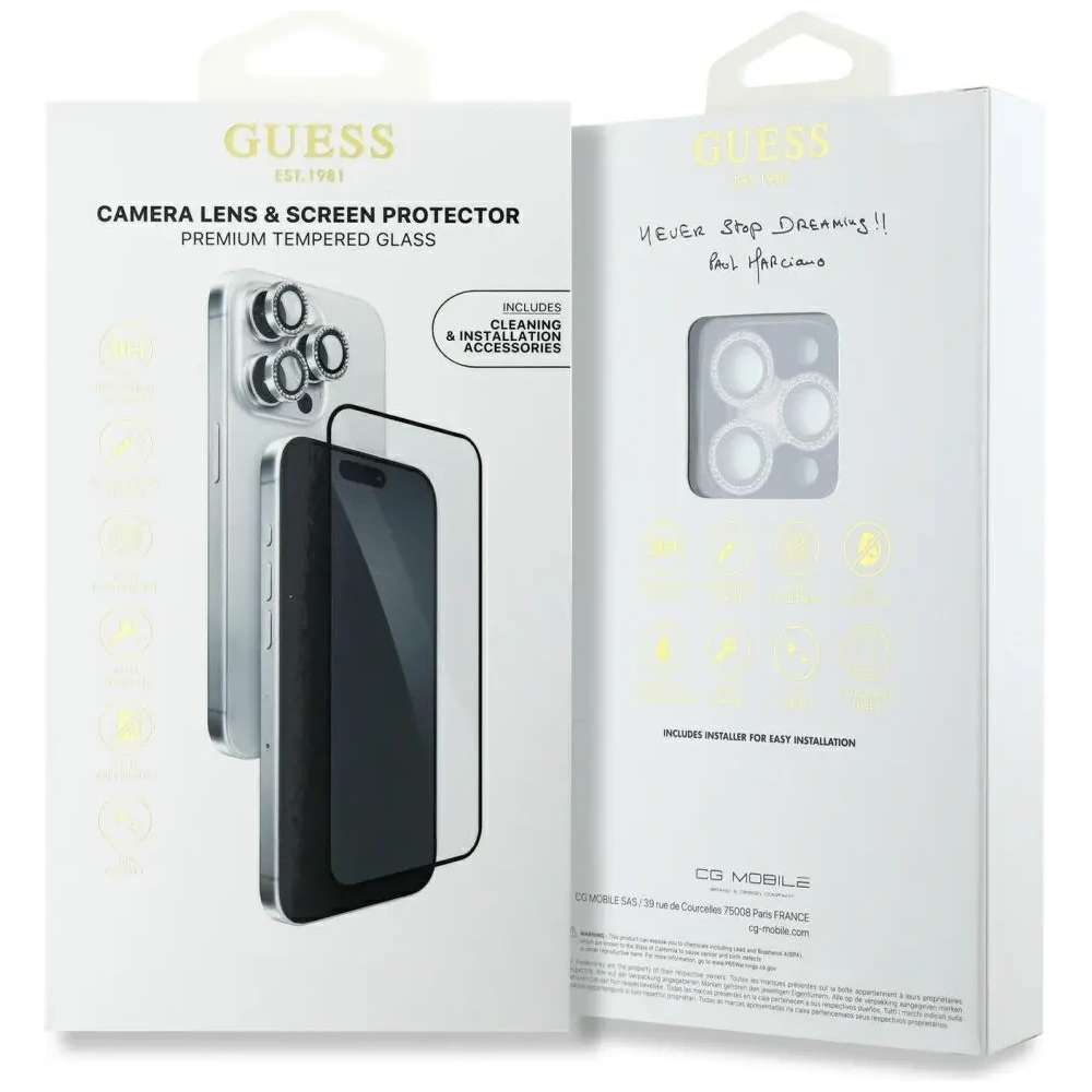 Hurtownia GSM - Guess set BP Rhinestone 2in1 sticlă securizată + protecție lentilă Apple iPhone 16 Pro Max argintiu - GUE4394 - {ean13} - Hurt