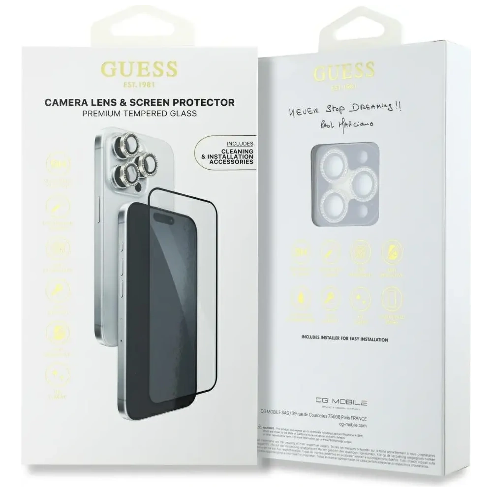 Hurtownia GSM - Guess set BP Rhinestone 2in1 sticlă securizată + protecție pentru lentile Apple iPhone 16 Pro Max aurie - GUE4395 - {ean13} - Hurt