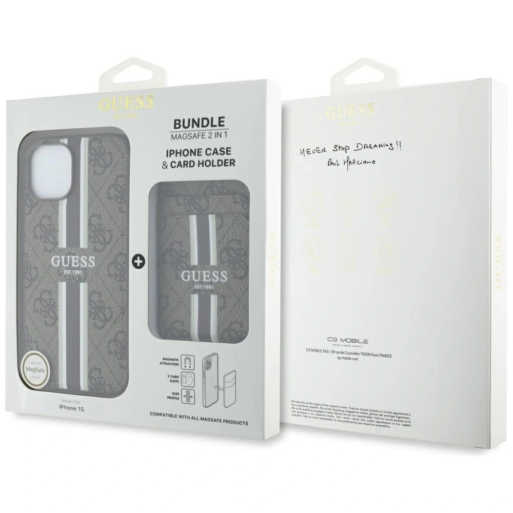 Hurtownia GSM - Etui Guess 4G Stripes z portfelem MagSafe do Apple iPhone 15 brązowy - GUE4404 - {ean13} - Hurt