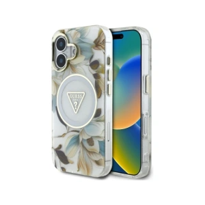 Wholesale Guess Glitter Flowers Triangle Buttons MagSafe Apple iPhone 16 white - GUE4408 - {ean13} - Hurt