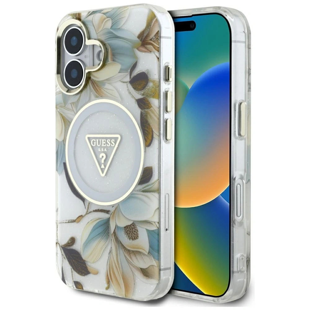 Hurtownia GSM - Guess Flori Sclipitoare butoane Triunghi MagSafe Apple iPhone 16 alb - GUE4408 - {ean13} - Hurt