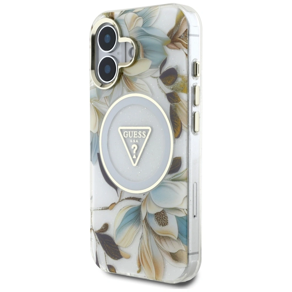 Hurtownia GSM - Guess Flori Sclipitoare butoane Triunghi MagSafe Apple iPhone 16 alb - GUE4408 - {ean13} - Hurt